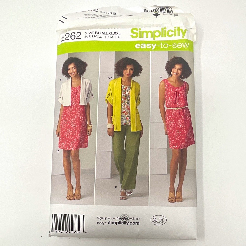 Simplicity 2262 Easy-to-Sew Misses Dress Tunic Pants Cardigan M-XXL Cut